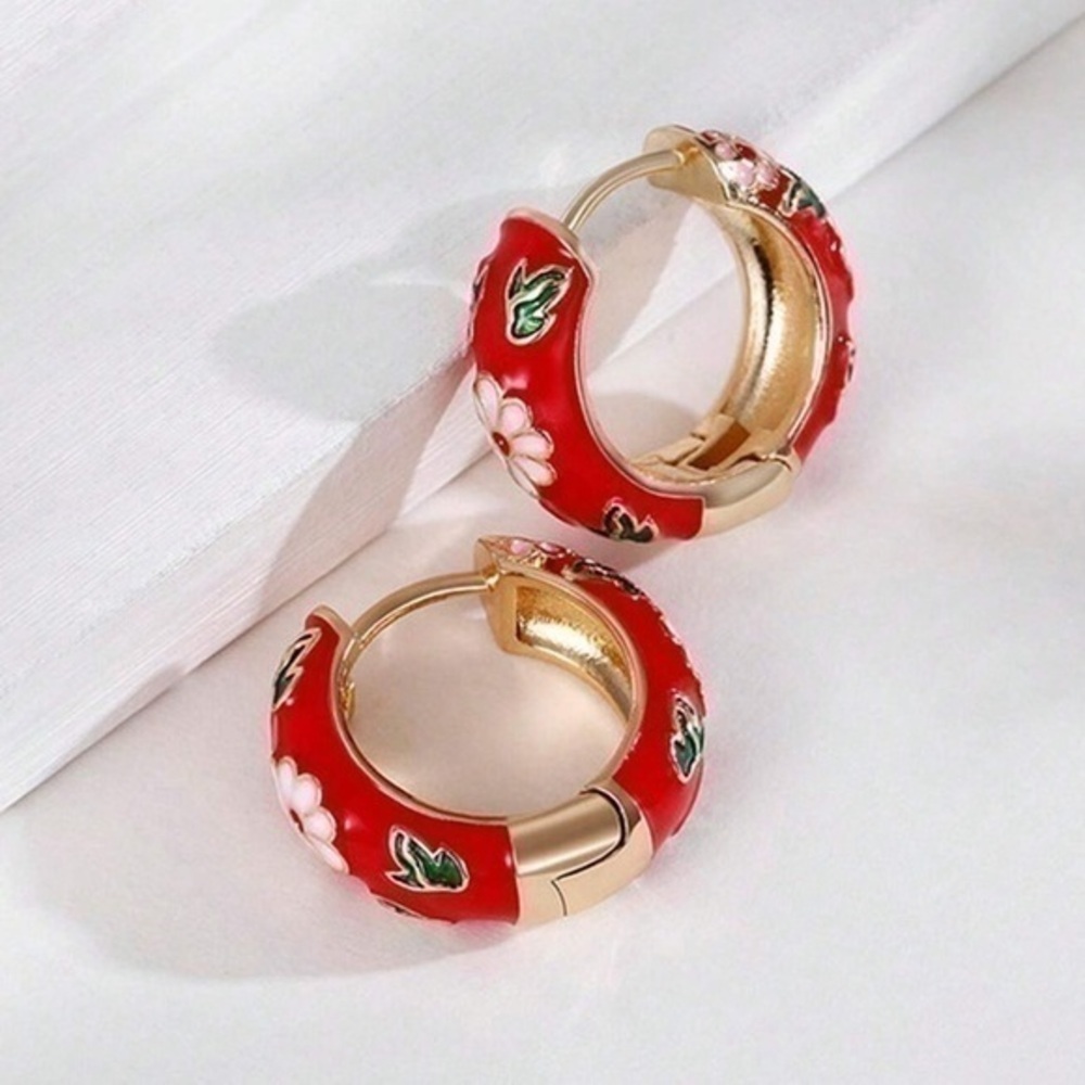 🆕 Red Floral Gold & Enamel Hoop Earrings